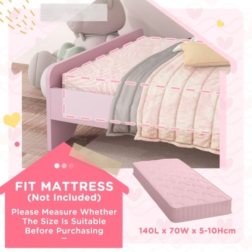 ZONEKIZ Bed For Kids Cat Design Toddler Bed Frame Bedroom Furniture With Guardrails, For 3-6 Years, 143L X 74W X 72Hcm - Pink