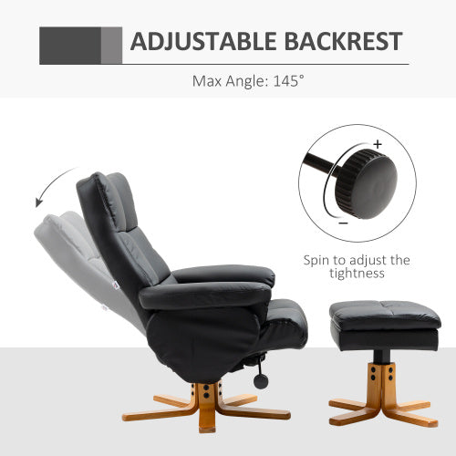 HOMCOM Recliner Armchair, Swivel Reclining Chair With Ottoman, Swivel Faux Leather Chair With Wooden Base And Storage Footstool For Living Room, Black