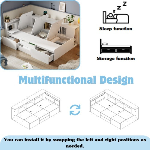 Children's Bed, Single Bed-3ft90x190cm, Single Bed, Multifunctional Children's Bed With Drawers, Bookcase And Storage Cupboard, Bed Box With Storage Space, Without Mattress, White