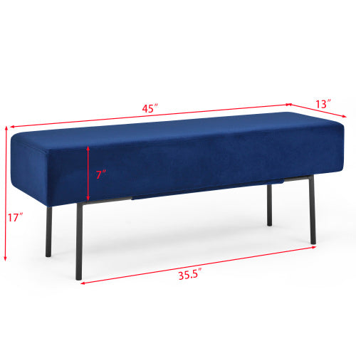 Contemporary Style Bedroom Velvet Upholstered Bench, Blue  45 X13x 17
