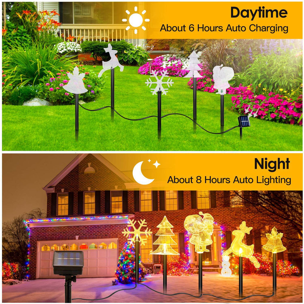 1 Set Of 5Pcs Mixed Christmas Decoration Light Solar Stake Light Waterproof Reindeer Snowflake Bell Christmas Tree Santa Claus Light Outdoor Landscape Light