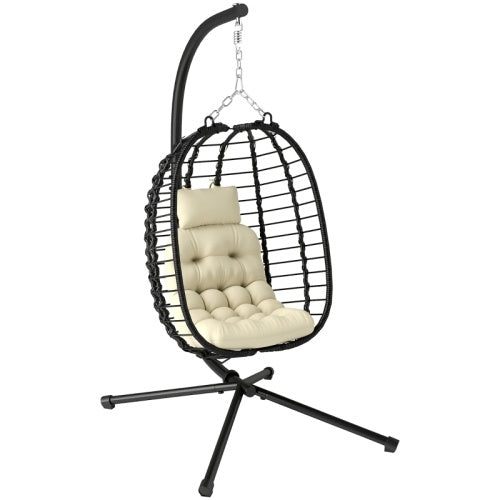 Outsunny Rattan Hanging Egg Chair, Foldable Wicker Hammock Swing Chair With Cushion, Stand, Adjustable Height, Head Pillow, Steel Frame For Garden Patio Indoor Outdoor, Cream White