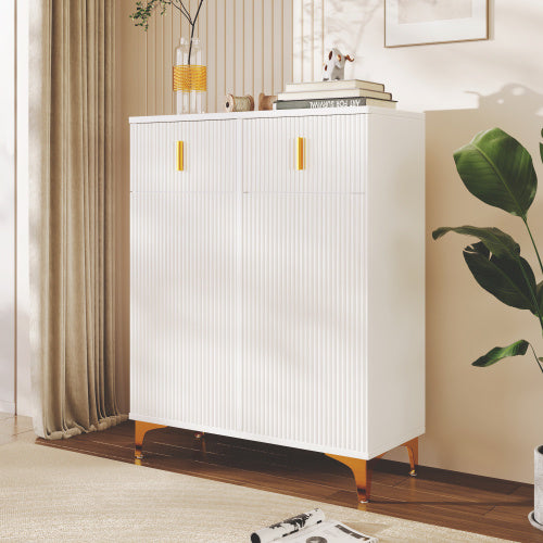 Elegant Sideboard Shoe Cabinet With Structural Panels, Adjustable Shelves And Gold-plated Decorations, With Drawers