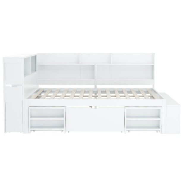 Children's Bed, Double Bed-4ft6  135x190cm  Multifunctional Children's Bed With Drawers, Bookcase And Storage Cupboard, Large Storage Space, Slatted Frame, Without Mattress, White