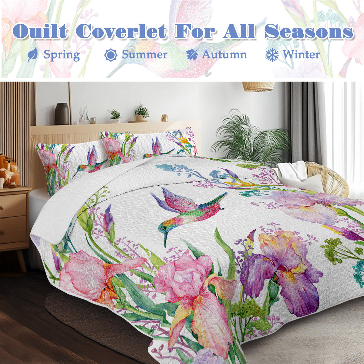 Colorful Bird Flower Design Quilt Set 3 Pieces Queen King Size Soft Warm Bedding Set Include 1 Quilt And 2 Pillowcases For Home Bedroom Decor