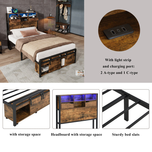 Metal Bed, Iron Bed, 3ft Single Bed 90x190cm, With Multi Color LED Strip Lights And Charging Port 2 A Type And 1 C Type, With Storage Space, Black  Wood Color