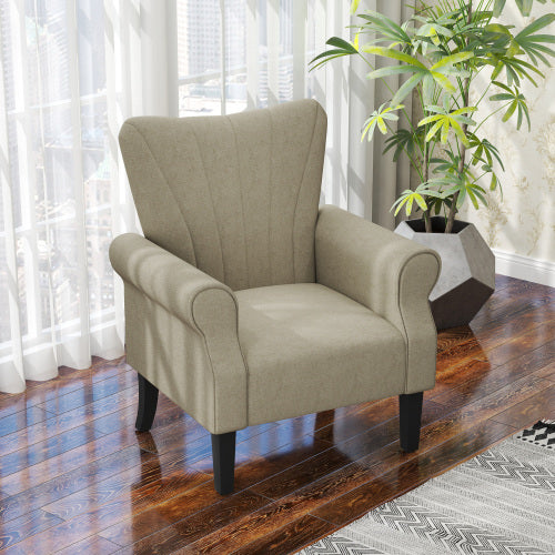 HOMCOM Upholstered Accent Chair With Rolled Arms And Wood Legs, Armchair For Living Room Bedroom, Beige