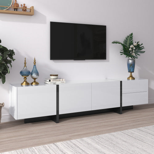 TV Cabinet, Low Panel With Colorblocked Legs In High-gloss White And Black, With Doors And Drawers, Doors With Shelves. Simple Line Design.