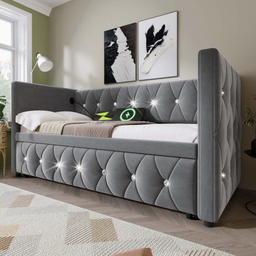 Daybed Single Upholstered Bed Sofa Bed With USB &Type C Charging Station, 3FT Single Bed 90 X 190 Cm With Trundle ,Pull Out Trundle For Living Room And Bedroom, Velvet