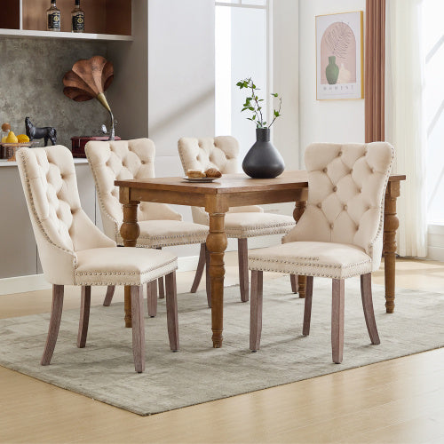 Modern Set Of 4 Upholstered Velvet Dining Chairs, Button Tufted Kitchen Lounge Chairs With Solid Wood Legs, Riveted Trim And Knocker Ring, For Dining Room Living Room,