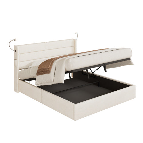 King Upholstered Bed With Charging Station, Linen Hydraulic Storage Bed With Adjustable LED Reading Light, 5ft Double Bed Frame With USB And Type  C Ports, No Box Spring Needed, Beige