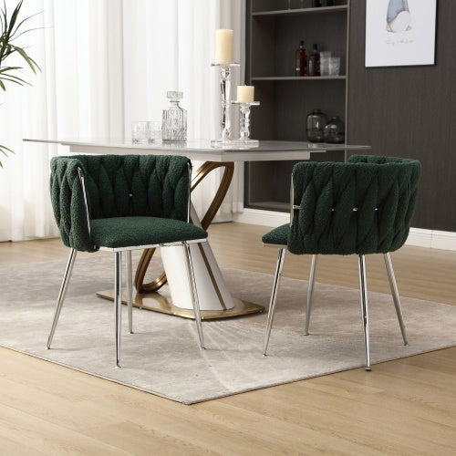 GOMYWAY Modern Hand Weaving Dining Chairs Set Of 2, Boucle Upholstered Side Chairs With Silver Legs, Kitchen Chairs With Armrest, Accent Chairs, Vanity Chairs For Dining Room Emerald, Set Of 2