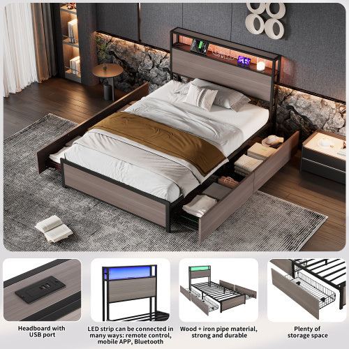 Metal Bed, 3FT Single Bed 90x190cm, With LED Light Strip And 4 Drawerss, 2 USB Port 1 Type C, Durable And Sturdy, Youth Bed, For Adults  Teenagers, Multifunctional Bed, Wrought Iron Bed, Grey