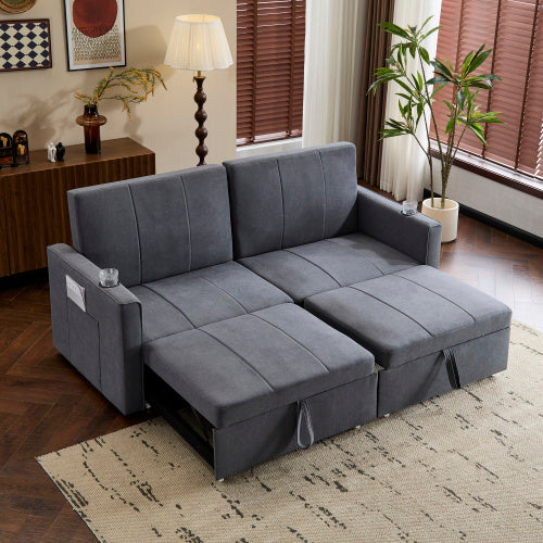 207cm King Size Independent Pull Out Sofa Bed, Convertible Fabric Sofa Chair With Cup Holders, Side Pockets, Fabric Loveseat Couch Chaise Lounge For Living Room, Apartment