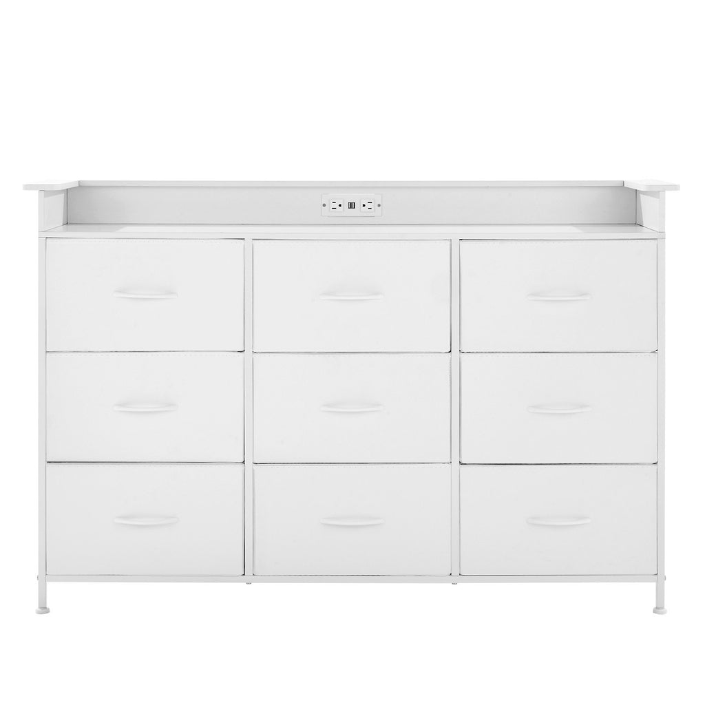 9 Drawer Dresser, Tall Drawer Dresser With Fabric Bin, Closet Storage Drawers With Sturdy Metal Frame, LED Lights & Built-in Outlet, Fabric Storage Tower For Bedroom, Hallway, Closet, White