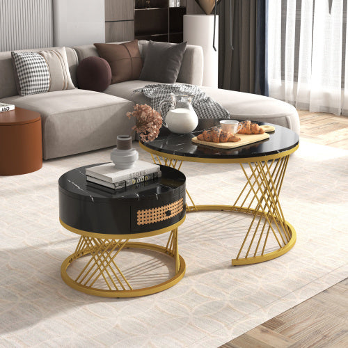 2 In 1 Round Coffee Table Made Of MDF With Marble Grain Veneer Top, Rattan Drawers And Solid Wood Handles. Gold Coloured Iron Legs. 70x70x45.5  50x50x38.5cm
