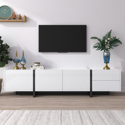TV Cabinet, Low Panel With Colorblocked Legs In High-gloss White And Black, With Doors And Drawers, Doors With Shelves. Simple Line Design.