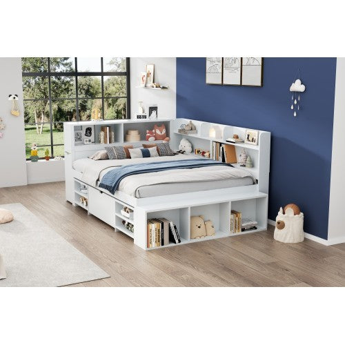 Children's Bed, Double Bed-4ft6  135x190cm  Multifunctional Children's Bed With Drawers, Bookcase And Storage Cupboard, Large Storage Space, Slatted Frame, Without Mattress, White