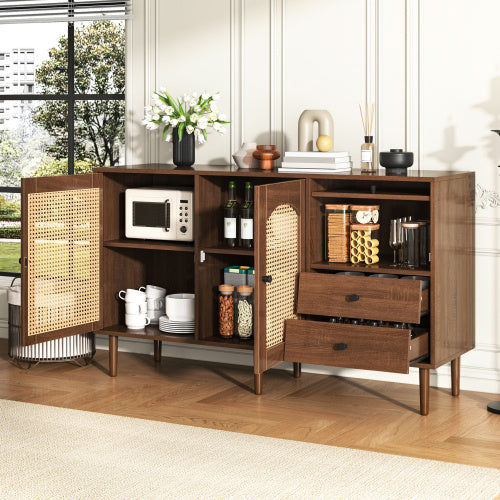 Country-Style Sideboard With Rattan Doors  130 X 75.5 X 40 Cm  Magnetic Closure, Adjustable Shelves, Sturdy Structure  Elegant And Versatile Design