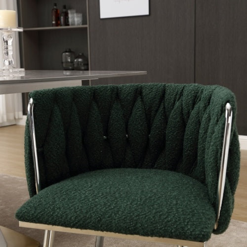 GOMYWAY Modern Hand Weaving Dining Chairs Set Of 2, Boucle Upholstered Side Chairs With Silver Legs, Kitchen Chairs With Armrest, Accent Chairs, Vanity Chairs For Dining Room Emerald, Set Of 2