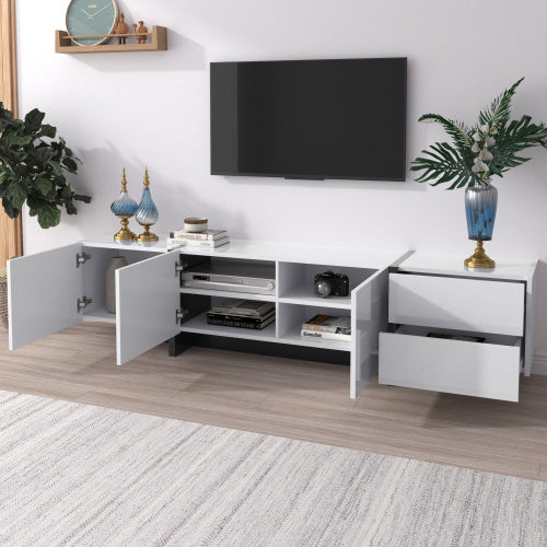 TV Cabinet, Low Panel With Colorblocked Legs In High-gloss White And Black, With Doors And Drawers, Doors With Shelves. Simple Line Design.