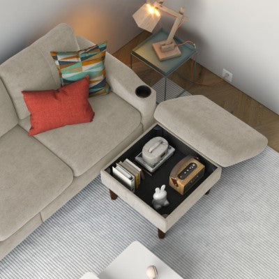 Convertible Combination Sofa Sofa L Shaped Sofa With Footstools With Storage, Beige Sofa For Living Room, Living Room Bedroom Office Small Space 3 Seater Combination Sofa