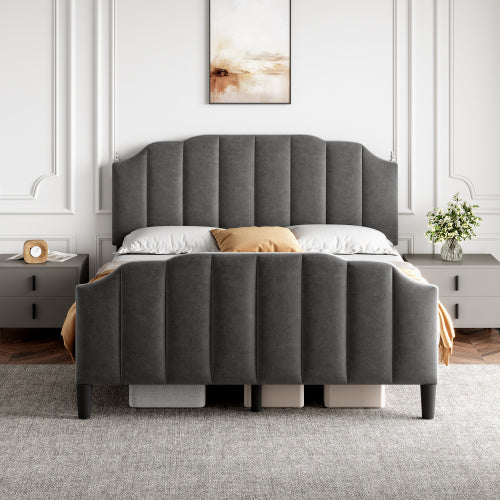 4ft6 Double Upholstered Bed Frame With Adjustable Chic Channel-Tufted Headboard, Velvet Platform Bed Frame With Solid Wood Slat And Mute Foam, No Box Spring Needed, Easy Assembly, Grey No Mattress