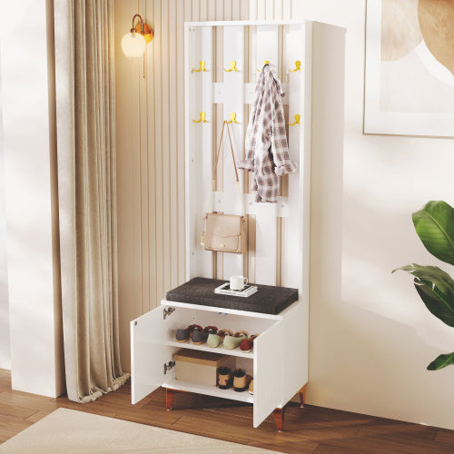Wardrobe Set With Shoe Bench And Cushion, Wardrobe Front With Hooks, Shoe Cabinet With Drawers And Doors