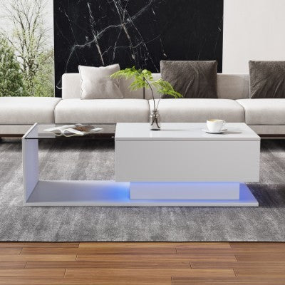 LED Coffee Table, Modern High Gloss Coffee Table, Center Table With Glass, Modern Coffee Table For Living Room With Drawer White