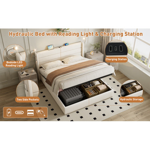 King Upholstered Bed With Charging Station, Linen Hydraulic Storage Bed With Adjustable LED Reading Light, 5ft Double Bed Frame With USB And Type  C Ports, No Box Spring Needed, Beige