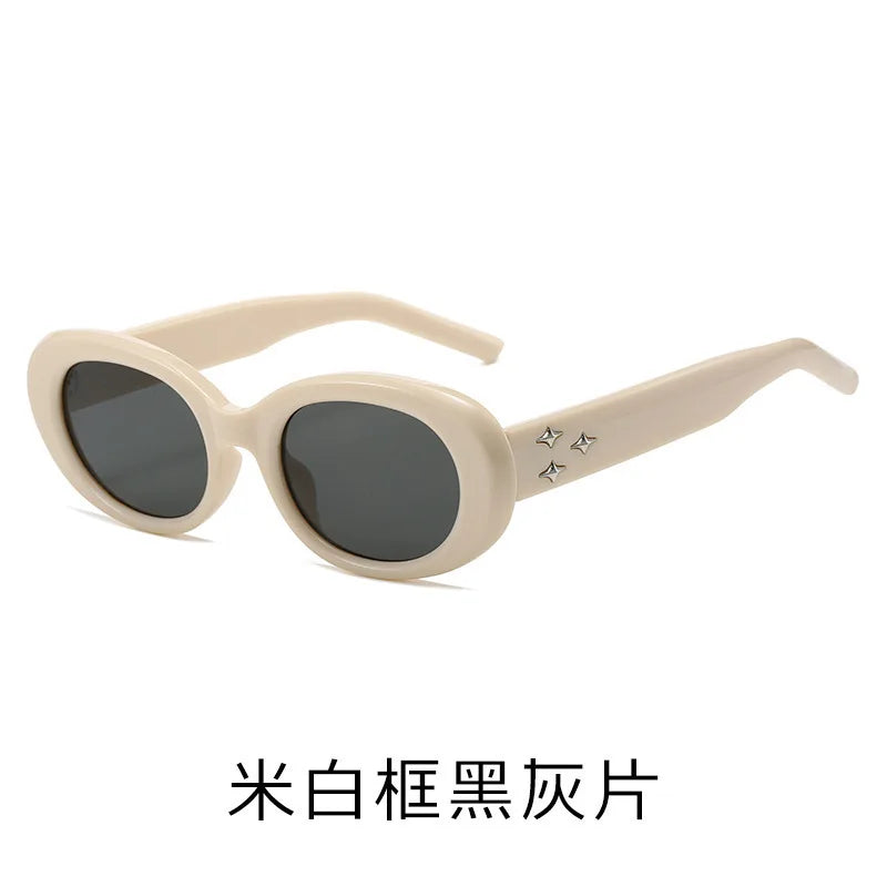 American Retro Elliptical Sunglasses - 3D Star Decor Small Frame Fashion Casual Sun Glasses for Outdoor Unisex Eyewear Accessory