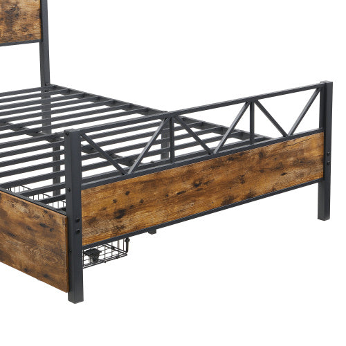 Metal Bed, 4ft6 Double Bed 135x190cm, With 2 Drawerss, Durable And Sturdy, Youth Bed, Storage Bed For Adults  Teenagers, Multifunctional Bed, Iron Bed, Black Wood Color