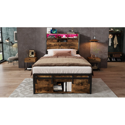 Metal Bed, Iron Bed, 3ft Single Bed 90x190cm, With Multi Color LED Strip Lights And Charging Port 2 A Type And 1 C Type, With Storage Space, Black  Wood Color