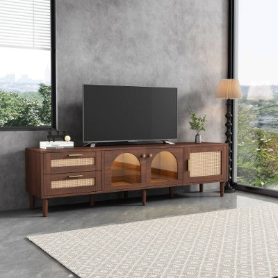 180 Cm Brown TV Cabinet For 80-inch TV - With 2 Rattan Drawers, 2 Curved Glass Doors And 1 Rattan Door, LED Lighting, Offers Stylish Storage, TV Board