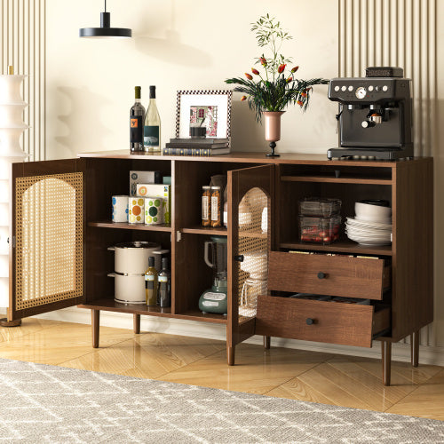 Country-Style Sideboard With Rattan Doors  130 X 75.5 X 40 Cm  Magnetic Closure, Adjustable Shelves, Sturdy Structure  Elegant And Versatile Design