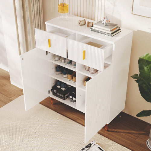 Elegant Sideboard Shoe Cabinet With Structural Panels, Adjustable Shelves And Gold-plated Decorations, With Drawers