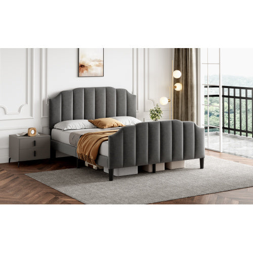 4ft6 Double Upholstered Bed Frame With Adjustable Chic Channel-Tufted Headboard, Velvet Platform Bed Frame With Solid Wood Slat And Mute Foam, No Box Spring Needed, Easy Assembly, Grey No Mattress