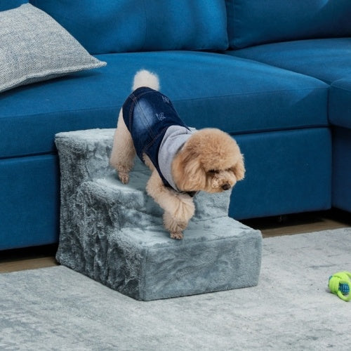 PawHut Three-Step Dog Stairs, With Washable Plush Cover, For High Bed Sofa, Dog Stairs For Small Dog And Cat - Light Grey