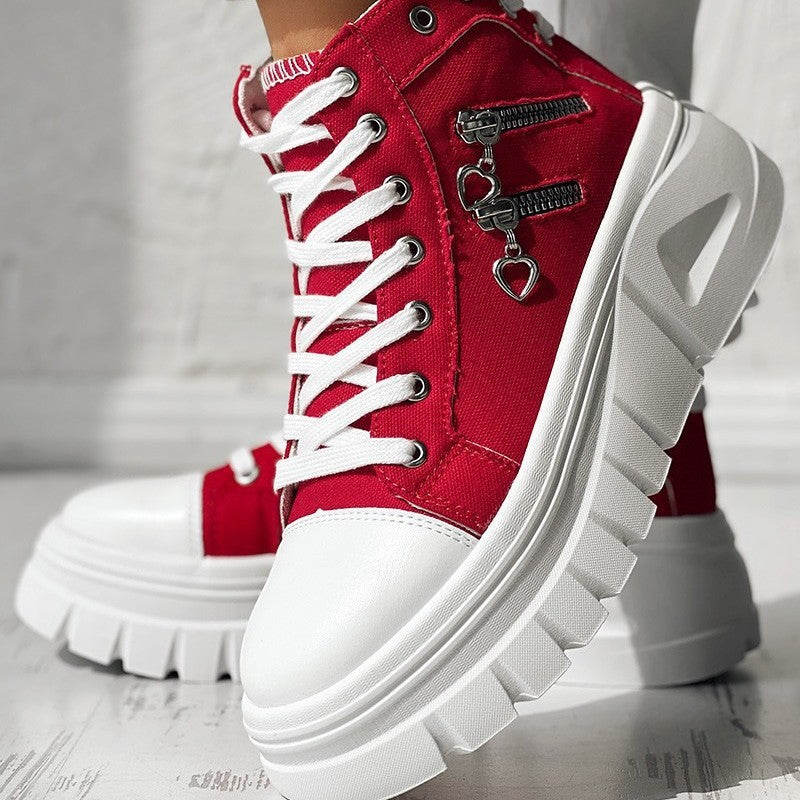 Muffin Heel Side Zipper Front And Rear Lace-up Fashion Casual Sneakers