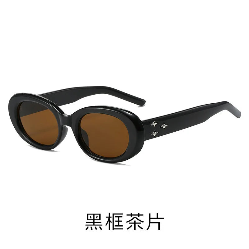 American Retro Elliptical Sunglasses - 3D Star Decor Small Frame Fashion Casual Sun Glasses for Outdoor Unisex Eyewear Accessory