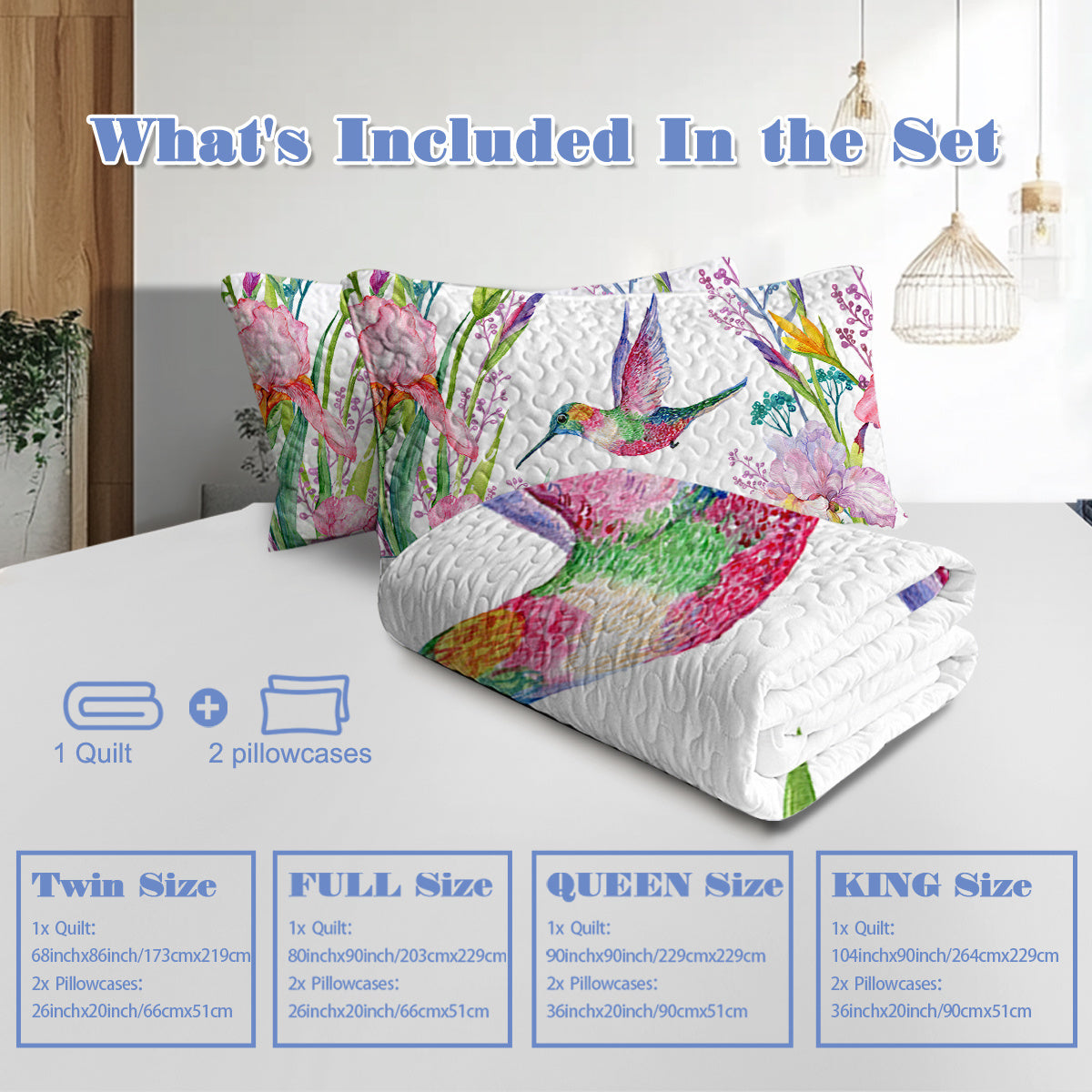 Colorful Bird Flower Design Quilt Set 3 Pieces Queen King Size Soft Warm Bedding Set Include 1 Quilt And 2 Pillowcases For Home Bedroom Decor