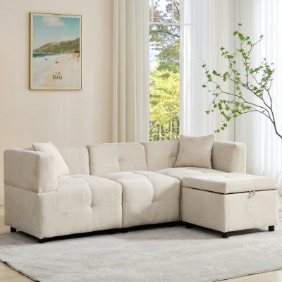 80 Sectional Sofa Couch With Removable Storage Ottoman, Fabric Sofa For Living Room Apartment, L-Shaped Sofa With 2 Pillows For Home Apartment Office Living Room, Beige