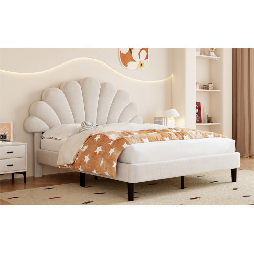 4ft6 Double Upholstered Velvet Bed Frame, With Adjustable Chic Petal Headboard, Velvet Platform Bed Frame With Solid Wood Slat, No Box Spring Needed, Easy Assembly, Beige