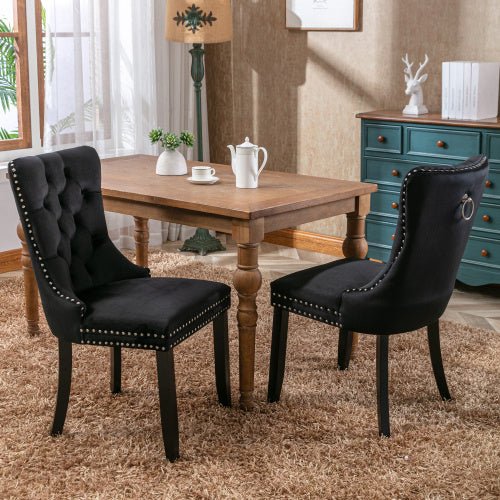 Modern Set Of 2 Upholstered Velvet Dining Chairs, Button Tufted Kitchen Lounge Chairs With Brushed Wood Legs, Riveted Trim And Knocker Ring, For Dining Room Living Room