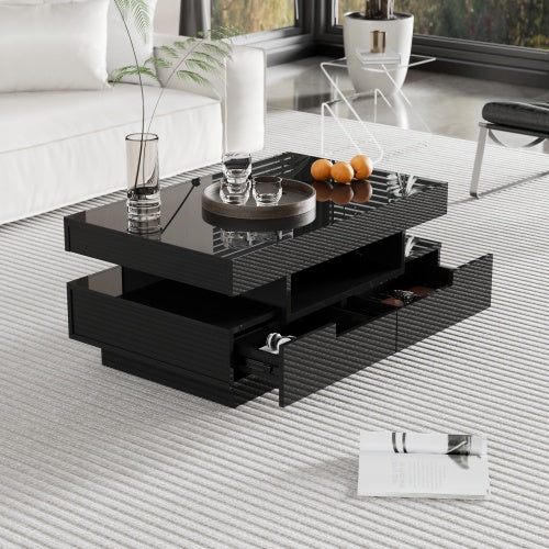 Coffee Table, High-Gloss Surface, With LED Light Strip, Four Drawers Front And Back, Large Storage Space