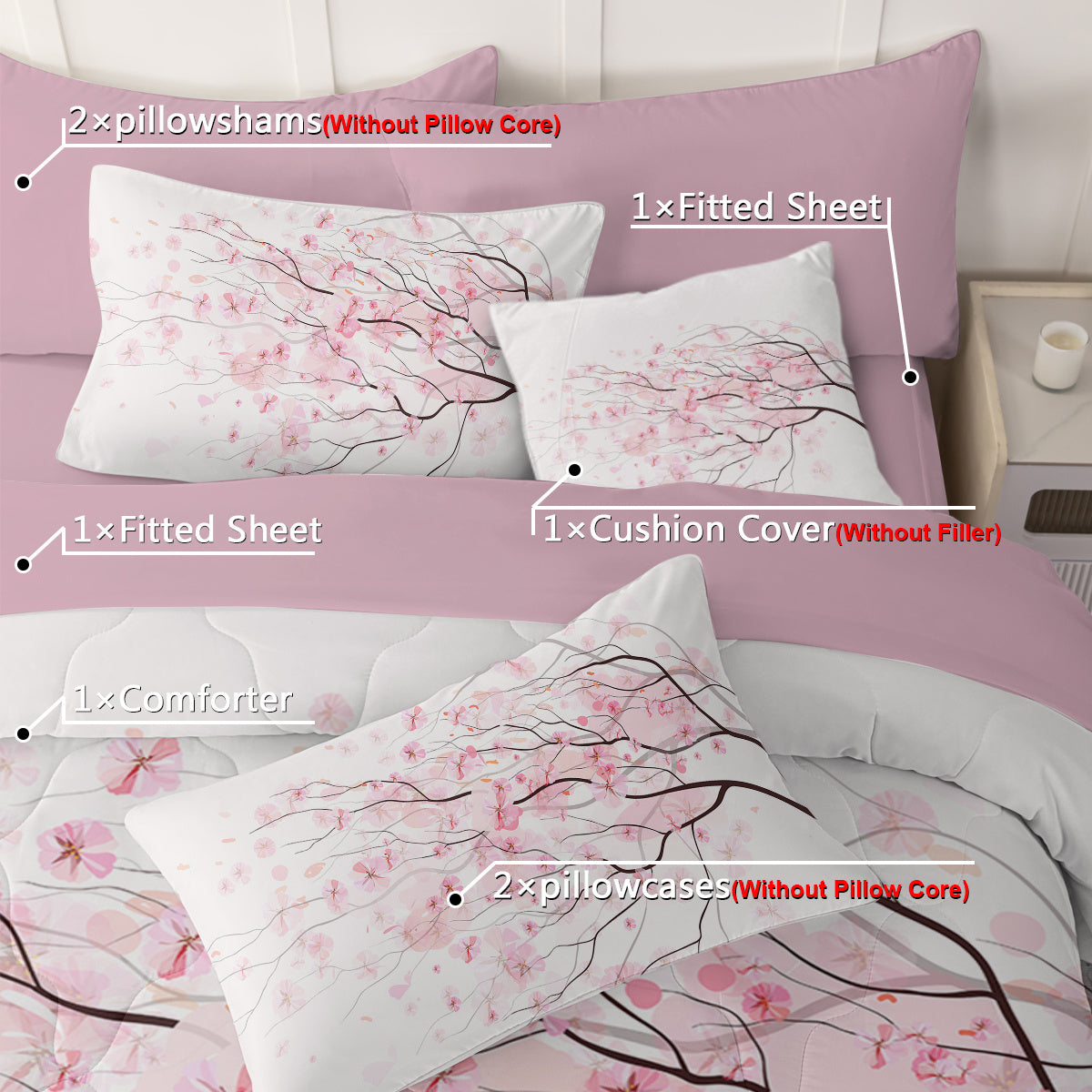 Cherry Blossom Pattern Comforter Set 8PCS Twin Size Soft Bedding Set,1 Comforter,1 Pilow Cover,1 Flat Sheet,1 Fitted Sheet,4 Cushion Cover