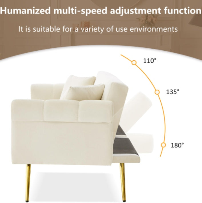 Modern 2-Seater Sofa Bed    Velvet Upholstery, 3  Stage Adjustable Backrest  Gold  Plated Metal Feet Stylish Sofa With Sleeping Function  Space-Saving Durable Ideal For Small Spaces