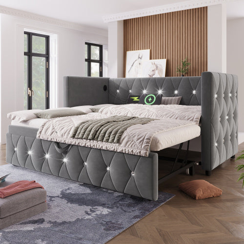 Daybed Single Upholstered Bed Sofa Bed With USB &Type C Charging Station, 3FT Single Bed 90 X 190 Cm With Trundle ,Pull Out Trundle For Living Room And Bedroom, Velvet