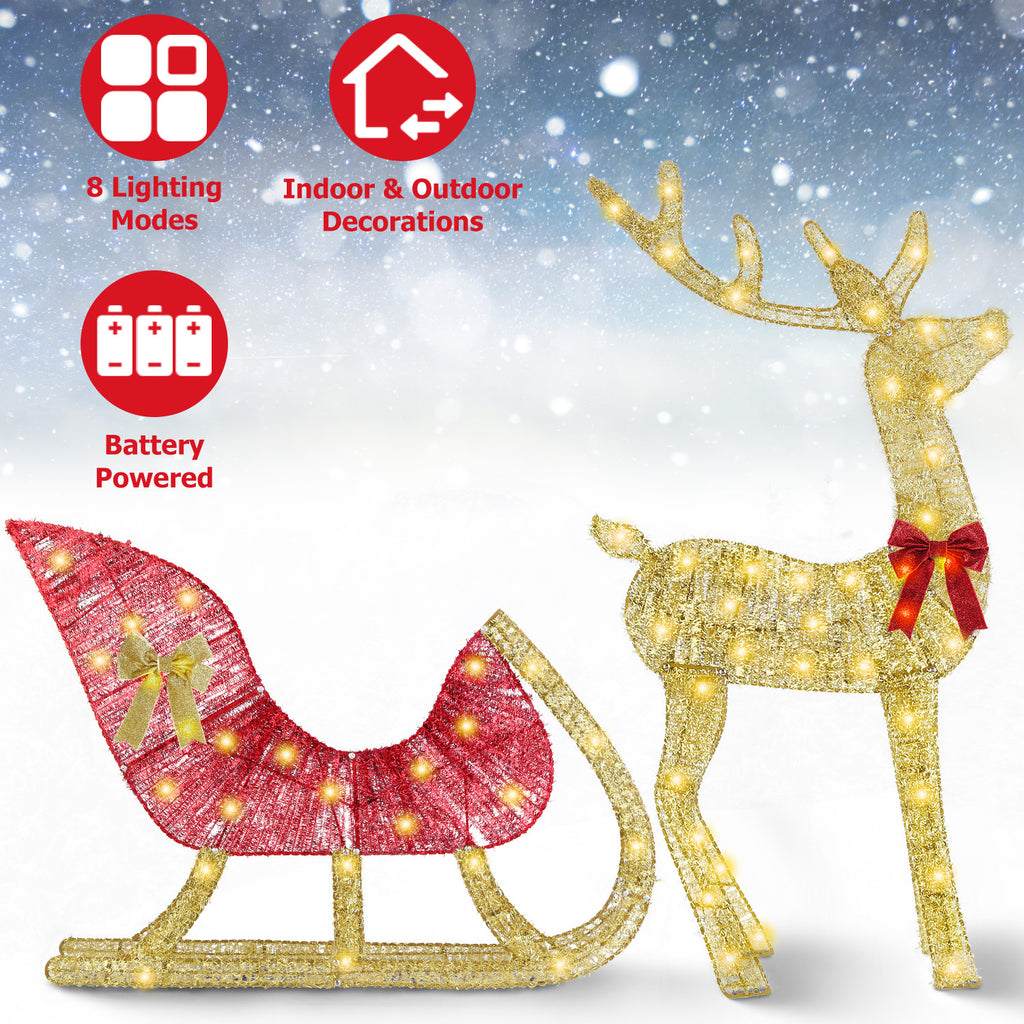 1Pc Lighted Christmas Reindeer & Sleigh Indoor Outdoor Christmas Decoration Christmas Lighted Display With 8 Lighting Modes