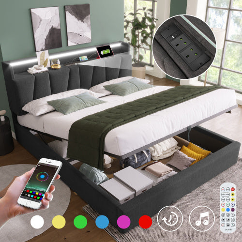 Upholstered Double Bed With USB Charging Function, Storage Headboard And LED Lighting, 5ft King Size Bed Storage Bed Frame 150 X 200 Cm, Wooden Slatted Frame, Grey No Mattress